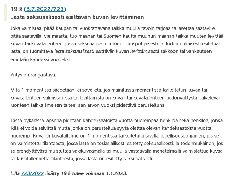 File:Kuvakaappaus Suomen rikoslaki luku 20 § 19 - Lasta seksuaalisesti esittävän kuvan levittäminen.png