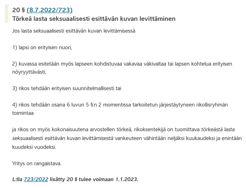 File:Kuvakaappaus Suomen rikoslaki luku 20 § 20 - Törkeä lasta seksuaalisesti esittävän kuvan levittäminen.png