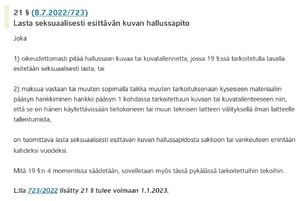 Kuvakaappaus Suomen rikoslaki luku 20 § 21 - Lasta seksuaalisesti esittävän kuvan hallussapito.png