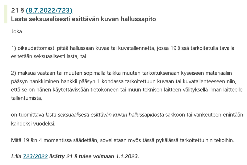 File:Kuvakaappaus Suomen rikoslaki luku 20 § 21 - Lasta seksuaalisesti esittävän kuvan hallussapito.png
